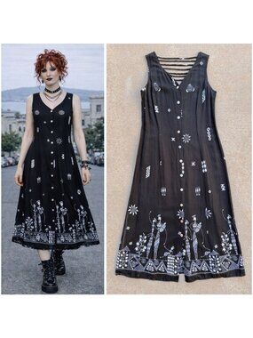 Vintage 90s Black Tribal Print Caged Back Dress